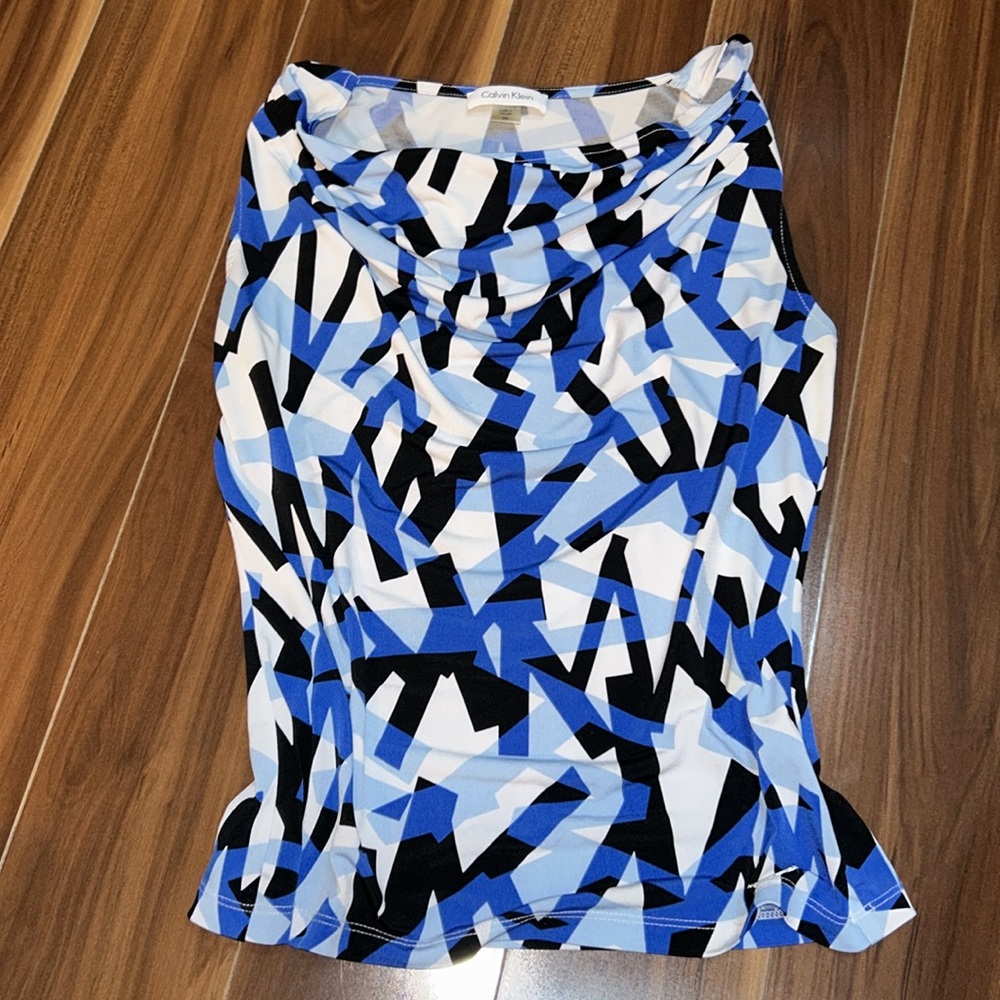 XS Calvin Klein sleeveless cowl neck tank top blue patterned